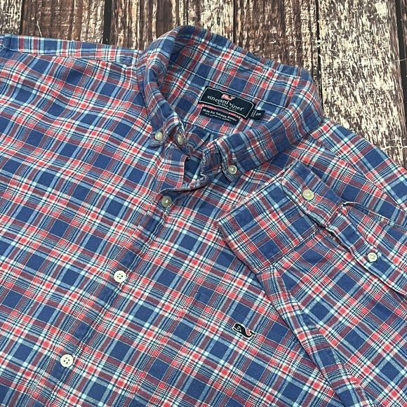 Vineyard Vines Men Slim Red Blue Whale Button Flannel Plaid Long Sleeve 2XL Flaw - Picture 1 of 10